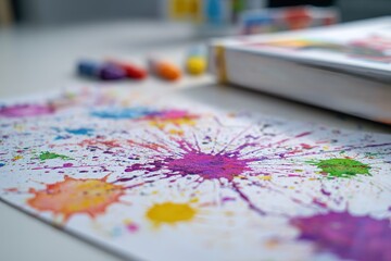 Poster - Colorful splashes of paint on white paper with art supplies in a bright workspace during a creative afternoon