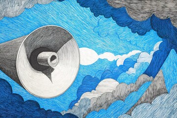 Poster - Creative illustration of a megaphone surrounded by dynamic clouds in vibrant blue tones