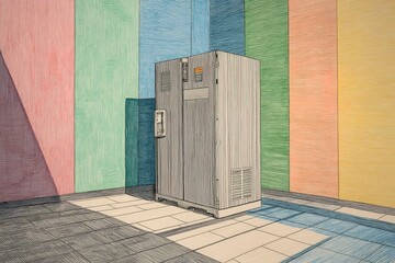 Poster - Fridge standing alone in a colorful room with striped walls and tiled floor during afternoon light