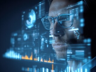 Poster - Man focused on digital interface overlay