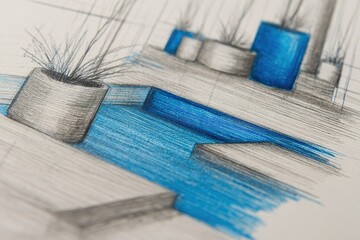 Poster - Creative architectural sketch of a pool design featuring planters and blue accents in a modern style