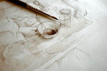 Poster - Artistic process of painting a bowl with detail captured in a workspace