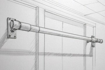 Poster - Detailed sketch of a metal pipe running along a wall, showcasing industrial design elements in a minimal environment with natural light