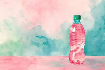 Poster - Colorful water bottle on a pink and blue watercolor background highlighting vibrant design contrast