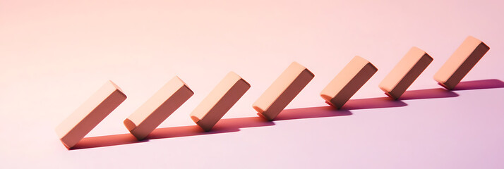 Poster - Geometric Blocks in a Row: A sequence of pastel geometric blocks cascade in a row, casting sharp shadows, set against a soft, gradient background.