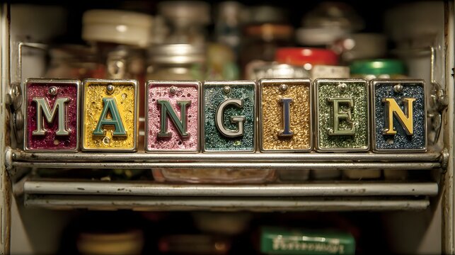 Colorful letter blocks spelling out the word mangien.