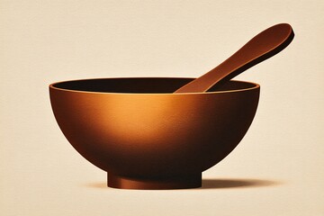 Poster - Brown wooden bowl with spoon on light background shows simplicity of kitchenware for culinary use and decoration