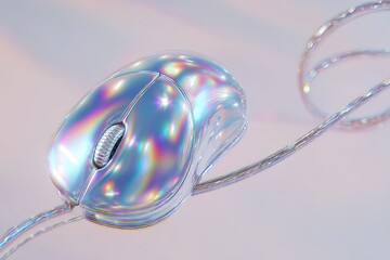 Poster - Holographic computer mouse resting on a soft surface with colorful reflections
