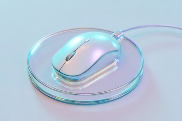 Poster - Modern computer mouse placed on a translucent circular mouse pad in an ambient light setting