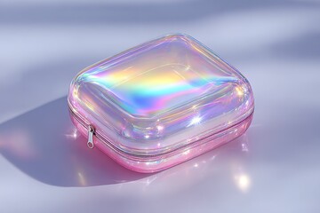 Poster - Colorful transparent case with holographic finish on a light surface, showcasing modern design and vibrant aesthetics