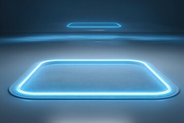 Fototapete - Bright blue illuminated platform in a dark space showcasing modern design and futuristic aesthetics