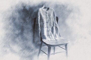 Poster - Delicate crocheted sweater hanging on a wooden chair against a soft, muted background