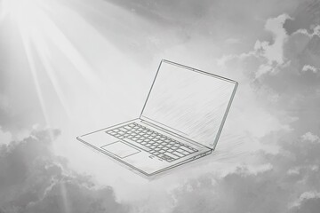 Poster - Laptop floating in the clouds during a bright and sunny day in a surreal digital landscape