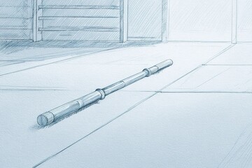 Poster - Bamboo staff lies on the floor in a serene setting with soft lighting and gentle shadows during early morning hours