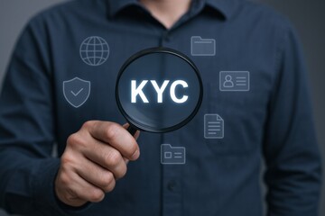 Poster - Businessman Holding Magnifying Glass with KYC Letters in Front of Digital Security and Identity Icons for Verification Process