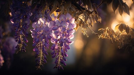 Vibrant Purple Wisteria Flowers Blooming on a Tree Branch Du Golden Sunset with Soft Light and Lush Green Foliage in Sp