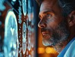 © Nadzeya - A mature male radiologist with a beard and graying hair intently examines multiple brain scans on a large screen. The cool blue and white light reflects on his focused face, showing his expertise