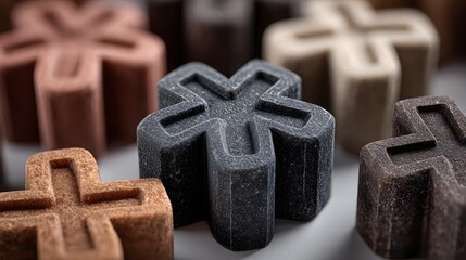 Poster - Close-up view of textured cross-shaped objects in various shades.