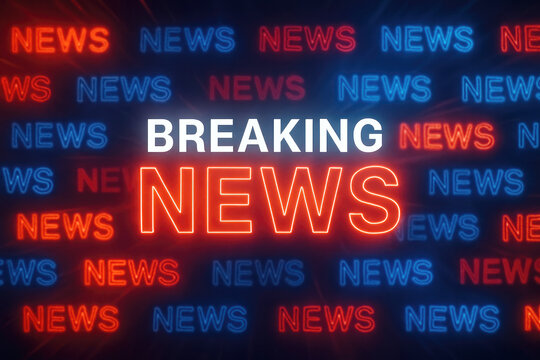Glowing neon words breaking news announcement headline information