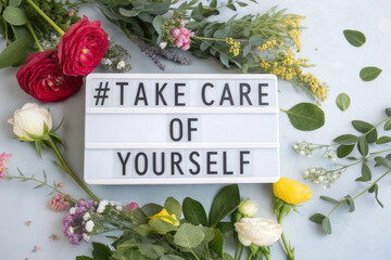  Lightbox with Take Care of Yourself message surrounded by flowers