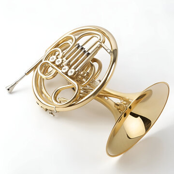 Shiny golden French horn isolated on a clean white background.