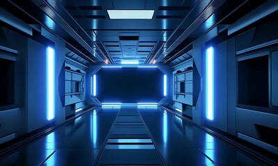 Poster - Futuristic Interior Perspective of a Metallic Corridor with Blue Neon Lighting