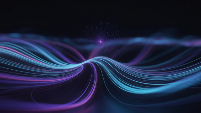 Abstract image featuring flowing, curved lines of blue and purple light against a dark background, with a central glowing point.
