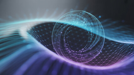 Wall Mural - Abstract digital art featuring a glowing sphere with interconnected lines, surrounded by flowing, wavy lines in shades of blue and purple.