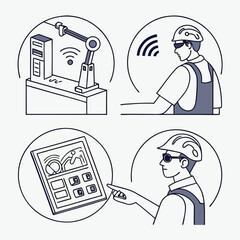 Aufkleber - Illustration showing industrial automation with robot arm, engineer, and digital interface on tablet