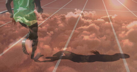 Poster - Sprinting athlete wearing green singlet and shorts on red track, with carbon fiber prosthetic blade