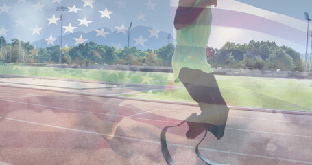 Poster - Sprinting athlete in green top on red track, prosthetic blades with US flag overlay, copy space