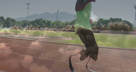 Poster - Running teenage athlete wearing sportswear on red track, with carbon-fiber blades, copy space