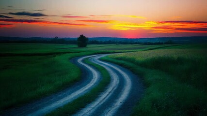 Wall Mural - serene rural landscape at sunset with winding dirt path through lush green fields