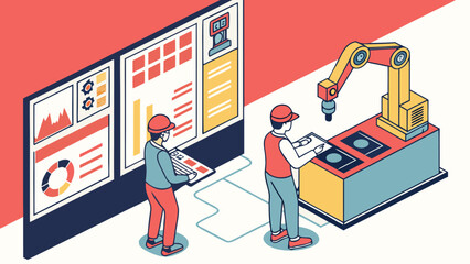 Aufkleber - Isometric view of two workers operating machinery with display screens in a factory setting scene