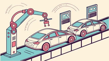 Aufkleber - Illustration of car assembly line with robotic arm and vehicles on a conveyor belt system