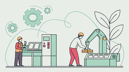 Aufkleber - Illustration of two workers operating machinery in a factory setting with gears and plant life