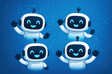 Poster - Four friendly white robots waving on a blue circuit board background mascots cute