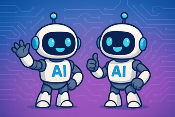 Poster - Friendly robots waving and giving thumbs up with ai logos artificial intelligence