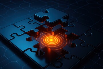 Poster - Puzzle of Innovation: An abstract visual of interconnected puzzle pieces comes together with bright core energy, symbolizing connection, synergy and a innovative solution.