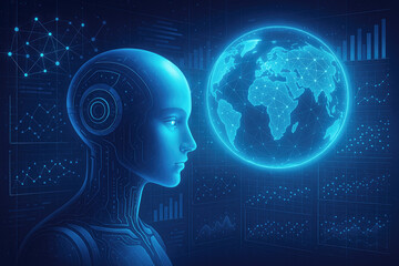 Poster - Futuristic android observing glowing digital earth surrounded by data charts artificial intelligence