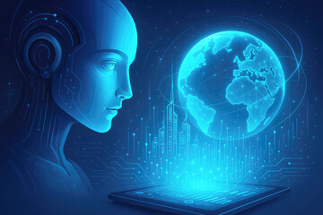 Poster - Futuristic android observing holographic earth data artificial intelligence globe