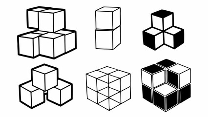 Aufkleber - Collection of cube arrangements in black and white line art showing various configurations and structures created with generated ai