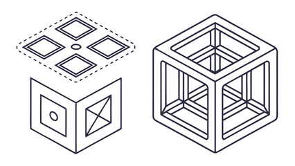 Aufkleber - Isometric view of cube designs with geometric shapes and patterns in a line drawing style illustration created with generated ai