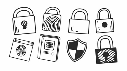 Poster - Illustration of security elements including locks, shield, fingerprint and document icons in black and white created with generated ai