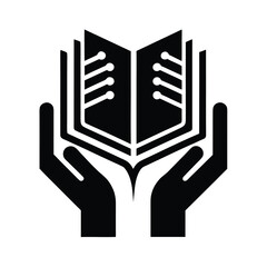 Poster - Silhouette hands holding an open book with circuit board elements vector