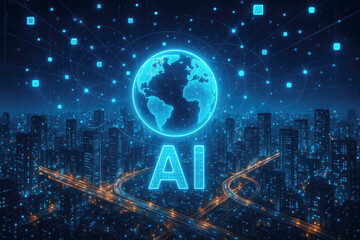Poster - Futuristic city illuminated by glowing earth and ai network urban night