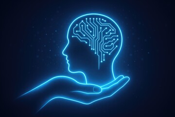 Poster - Glowing blue human head with circuitry brain held in open palm artificial intelligence