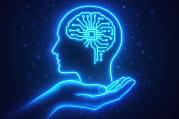 Poster - Glowing blue neon human head profile with circuit board brain held in open palm against dark starry background