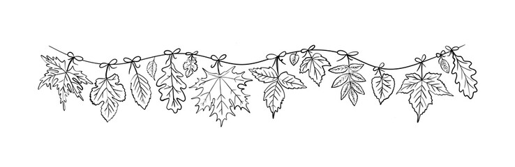 a garland of hanging assorted fall leaves bows. black and white sketch illustration is hand drawn. p