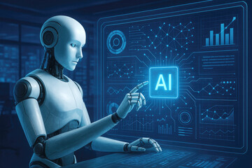Poster - Humanoid robot interacting with advanced digital interface artificial intelligence